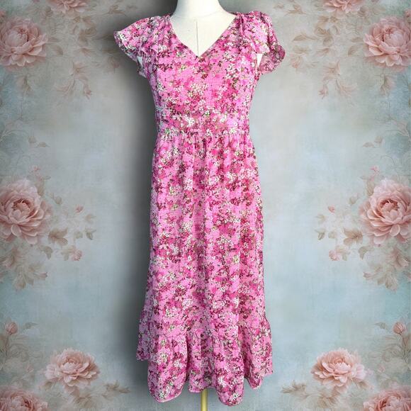 MICHAEL Michael Kors Dresses & Skirts - MICHAEL Michael Kors Pink Enchanted Blooms Floral V Neck Cap Sleeve Midi Dress